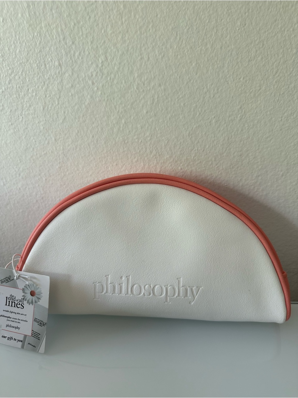 Philosophy White and Coral Cosmetic Pouch, with cosmetic item, new with tag.